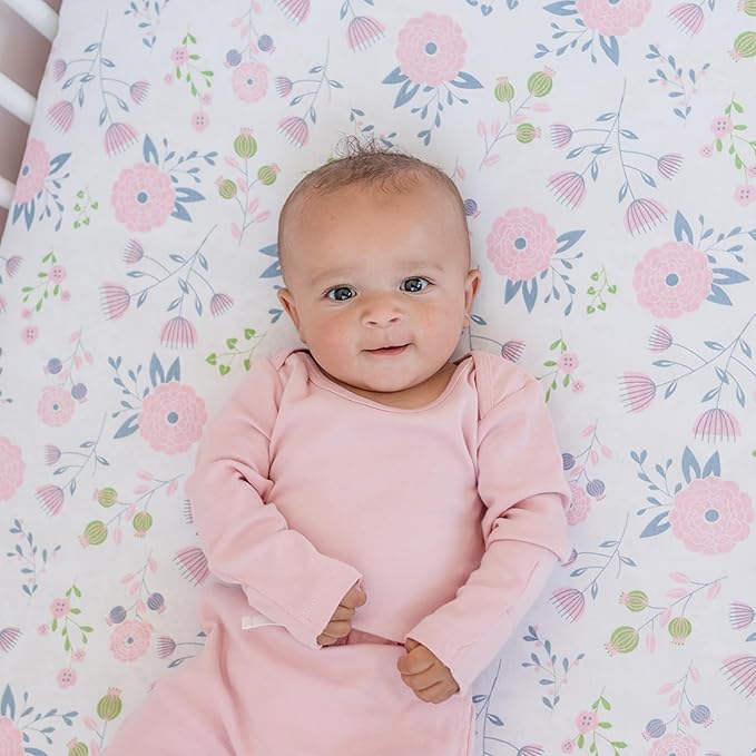 Pickle & Pumpkin Premium Organic Crib Sheet | 2 Pack 100% Organic Jersey Cotton Fitted Crib Sheets Set | Crib Bedding for Baby Girl | Toddler or Standard Crib Mattress Sheets | Pink & Floral