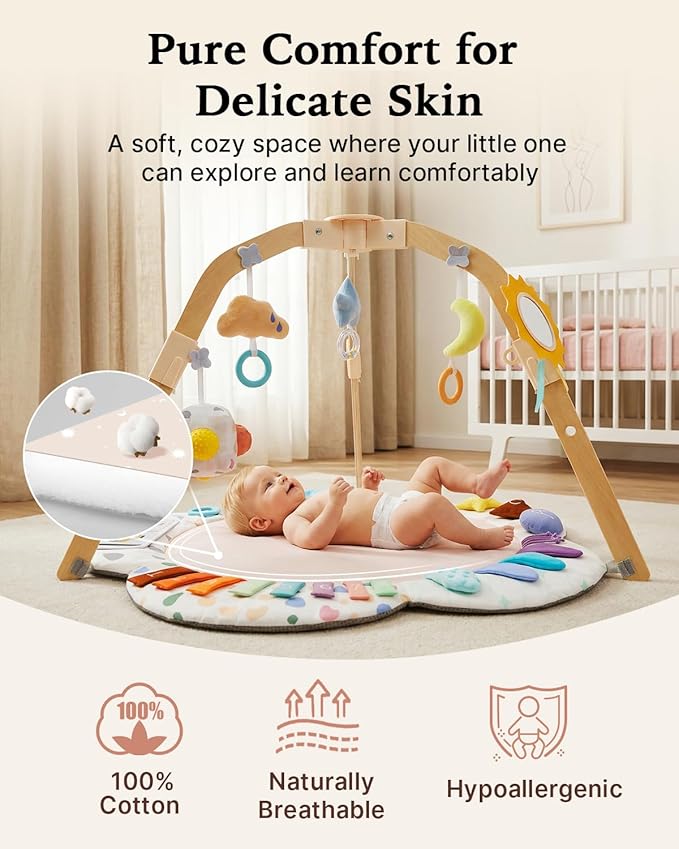 BubblePanda Baby Play Gym & Play Mat with Wooden Frame, Tummy Time Mat with Developmental Activity Zones & Detachable Sensory Toys for Motor Skills & Sensory Development for Baby Toddler