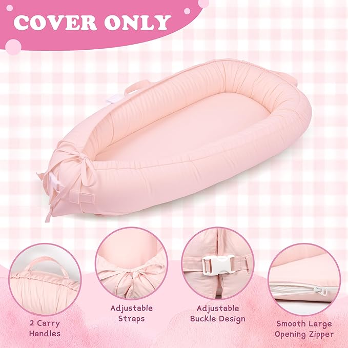 Baby Lounger Cover for Boys and Girls, Pink 100% Cotton Baby Nest Cover, Breathable Replacement Cover for Infant and Newborn Snuggle Me Lounger, Cover Only