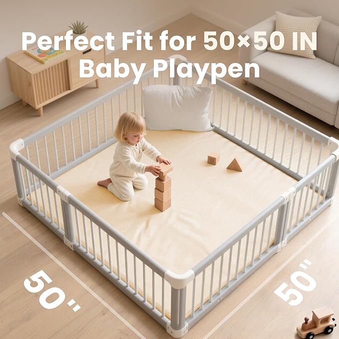 Huloo Sleep Baby Play Mat 50x50 Inches,1.3" Thick Padded Waterproof Floor Cushion & Playpen Mat with Vegan Leather,Non-Slip & Non-Toxic Nursery Rug for Infants, Toddlers & Kids(Beige)