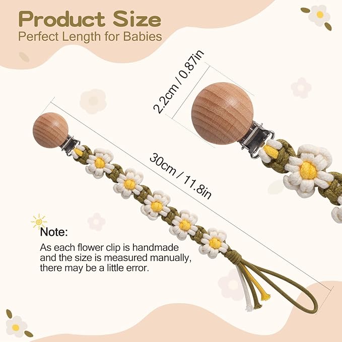 Braided Pacifier Clip for Boys Baby Girls Floral Daisy Macrame Paci Clip Boho Wooden Clips Handmade Cotton Binky Clips Baby Shower Birthday Gift