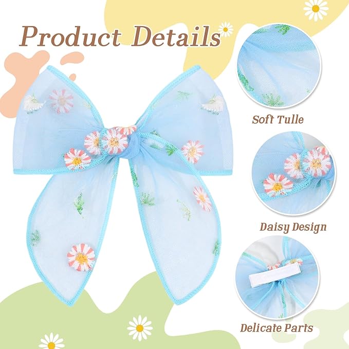 TOKUFAGU 7PCS Hair Bows for Girls, Tulle Daisy Hairs Barrettes Colorful Alligator Clips Wedding Hair Accessories for Girls Infants Toddler Teens Women Party
