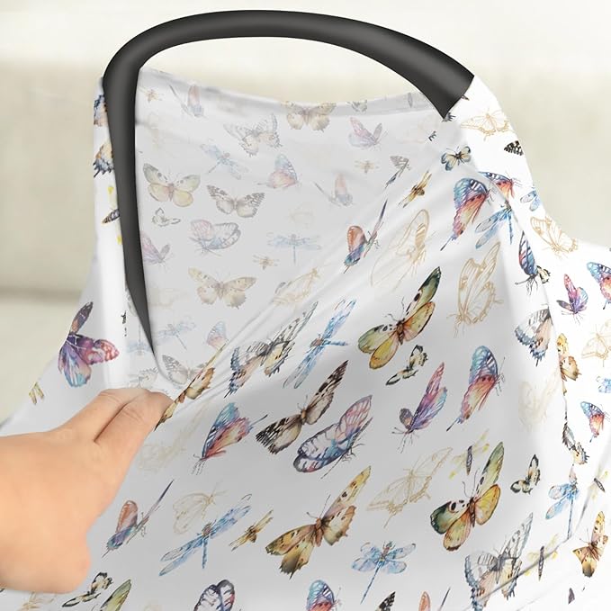 Boho Butterflies Dragonflies Baby Car Seat Covers Vintage Butterflies Stretchy 5-in-1 Cover Adjustable Infant Carseat Cover Canopy Garden Meadow Breathable Nursing Cover-Up