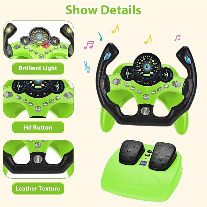 RedCrab Steering Wheels with Brake and Gas Pedals Toy for Kids,Pretend Driving Seat Toys with Light and Music,Simulated Driving for Toddlers,Baby Electric Early Learning Educational Toys (Green)