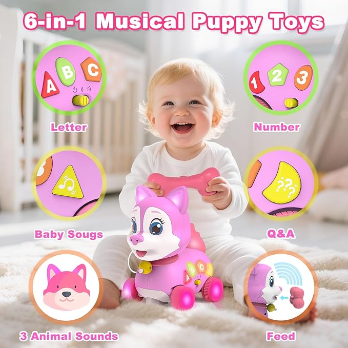 Musical Puppy Toy 6-12 Months,Baby Bilingual Toddler Learning for 1+ Year Old Girl Gift,Baby Crawling Toys,Infant Tummy Time Toy, 1st Birthday Gift Christmas for Newborn Girl Boy Age 1-2