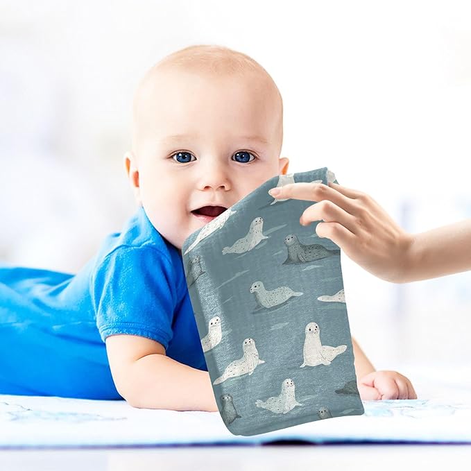 Seal Baby Washcloths Newborn Muslin Burp Cloths 3 Pack Soft Cotton Baby Face Bath Towel Drool Bibs for Infants, Girls and Boys 11.8 x 11.8 Inch