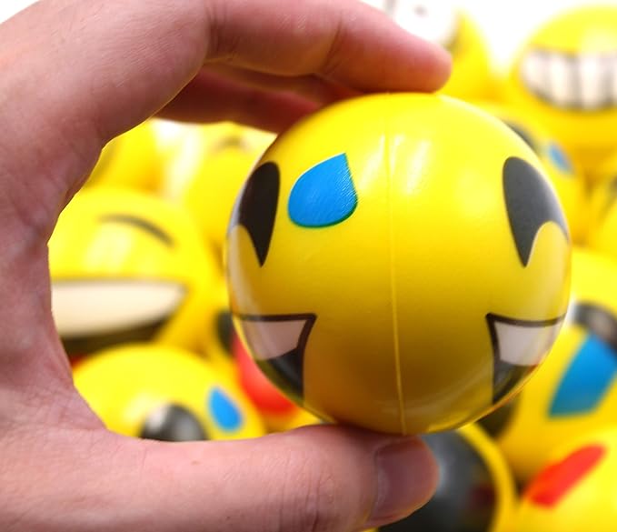 Set of 12 - Fun Face Stress Balls Cute Hand Wrist Stress Reliefs Squeeze Balls for Kids and Adults at School or Office Party Favors (Yellow Color Random Faces) (Latest)