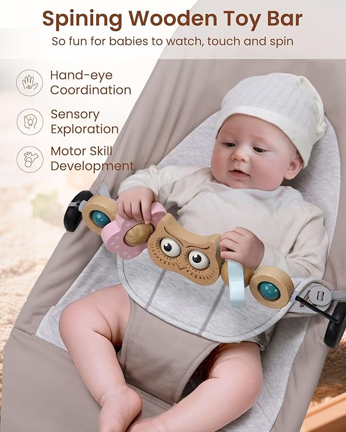 TinlyFinly Baby Bouncer Toy Bar Wooden Compatible with Baby Bjorn Bouncers, Bouncer Toy Attachment, Tight and Secure Fit, So Fun to Watch, Touch and Spin for Babies All Ages (Wood Color Owl)