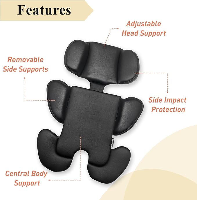 Innokids Infant Car Seat Insert, Baby Head Body Supports for Newborn, Soft and Padded, Detachable Head and Side Support for Carseats, Strollers, Swings (Black)