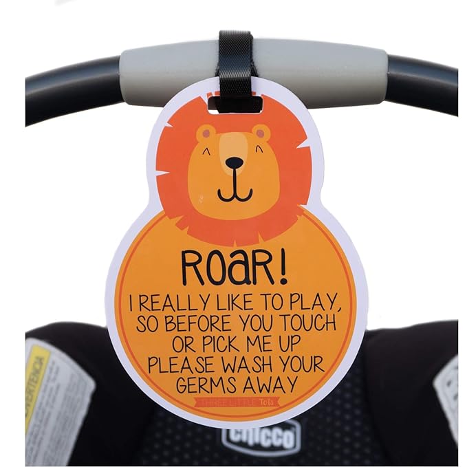 (Three Little Tots) Lion Tags TWO PACK- Baby Safety No Touching Car Seat Sign, Stroller Sign, Newborn Car Seat Tag, Baby Preemie No Touching Car Seat Sign- CPSIA Safety Tested (Lion)