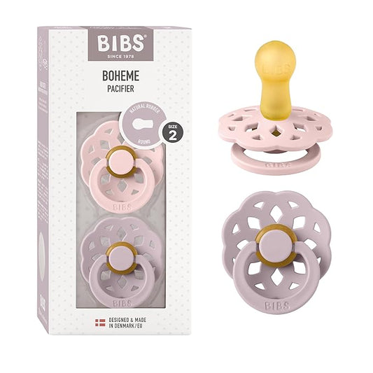 BIBS Pacifiers - Boheme Collection | BPA-Free Baby Pacifier | Made in Denmark | Set of 2 Blossom/Dusky Lilac Color Premium Soothers | Size 6-18 Months