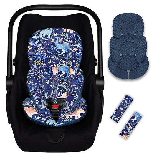 Pea Pod Infant Car Seat Insert with Strap Covers, All in One Reversible Baby Car Seat Head Support for Newborn, 3D Soft Minky Carseat Cushion for Preemie to Infant, Stroller, Swing, Bouncer, Dinosaur
