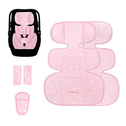 Infant Car Seat Insert, 3 in 1 Ultra-Thick Newborn Carseat Insert with Strap Covers for Girls, Man Fai Sky Universal Car Seat Head Support Baby for Carseat, Strollers, Swings, Bouncer (Pink)