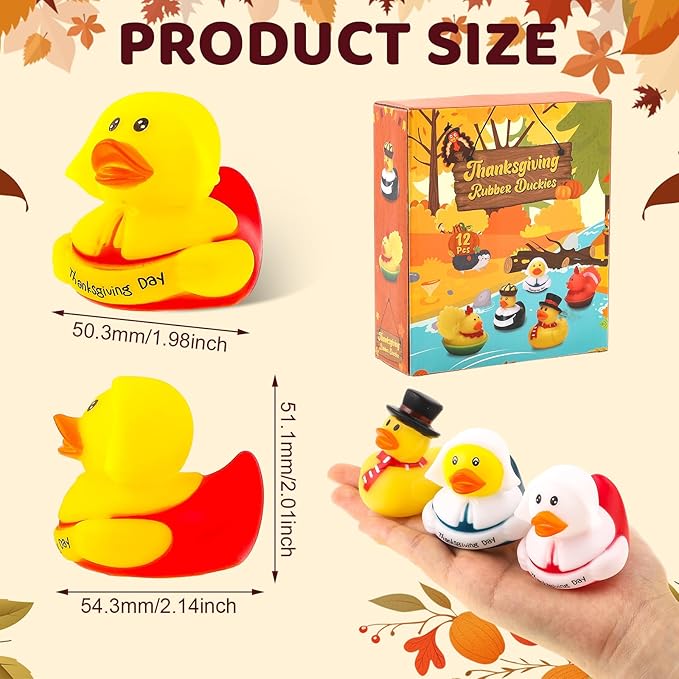 12PCS Thanksgiving Rubber Ducks Thanksgiving Day Themed Turkey & Pilgrim Ducks Bath Toys Basket Fillers Table Duckies Decors Fall Party Favors for Kids Adults