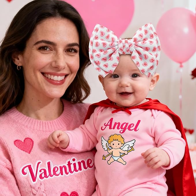 YanJie 7'' Valentines Hair Bow for Baby Girls Love Heart Double Layered Headbands Valentine Hair Accessories for Infants Pink Headband Cute Bowknot Barrettes Hearts Outfit