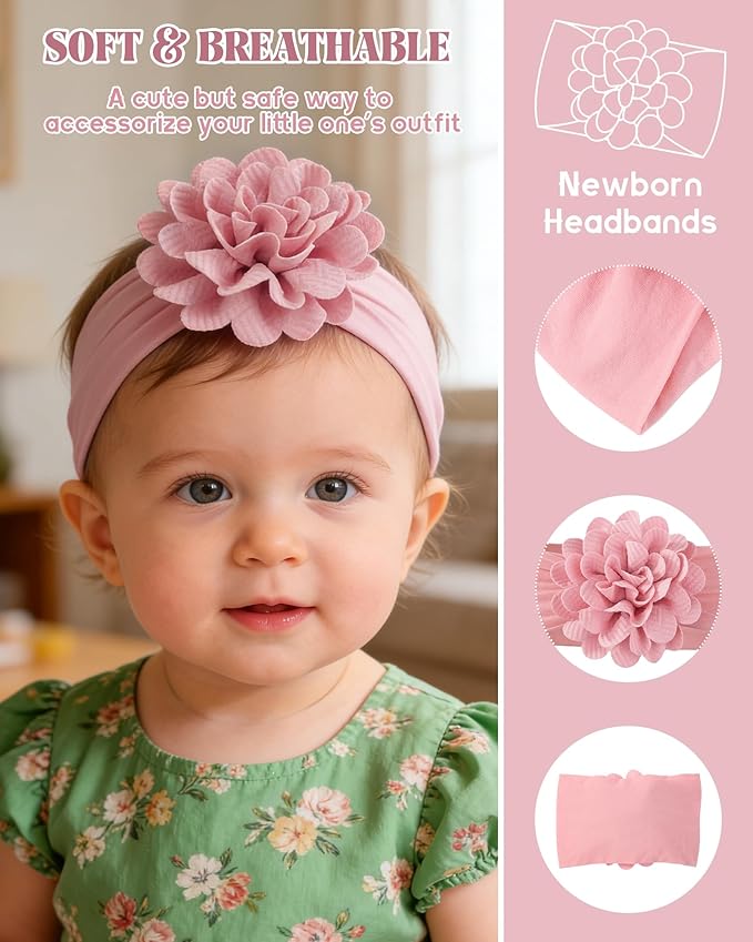 jollybows 6pcs Baby Girls Flower Hair Headbands Nylon Hair Bands Elastic Hair Accessories for Newborn Kids Infants Toddlers Dark Color
