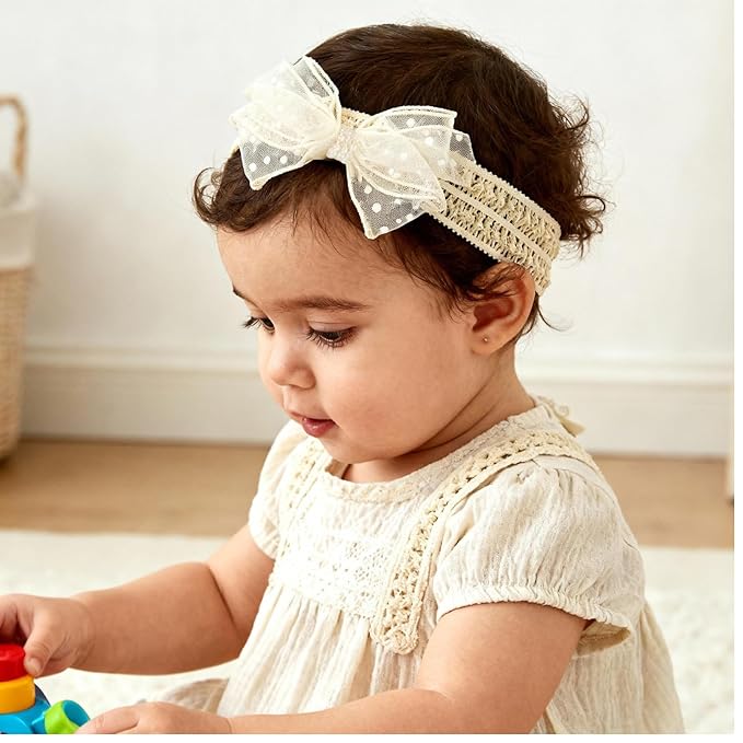 Baby Girls Hairband White Bow Lace Headbands Handmade Soft Stretchy Bowknot Hairbands Newborn Headband with Bows Pearls Elastic Head Band for Newborn Infant(Gauze Polka Dot Bow)