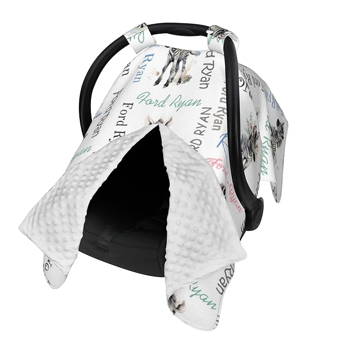 Personalized Baby Car Seat Cover Winter Custom Minky Carseat Cover Boy Girls with Name Zebra Carseat Canopy Customized Car Seat Canopy Infant Carrier Covers Nursing Cover Toddler Blanket