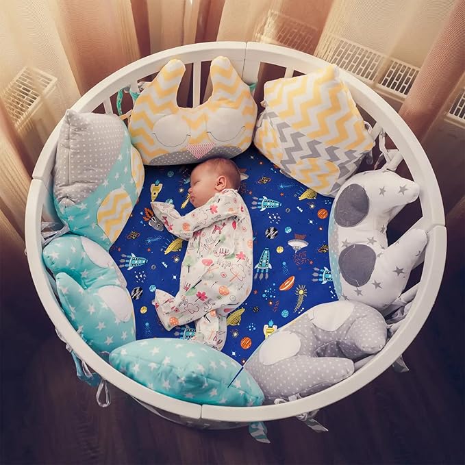 Cloele Round Stretchy Crib Sheet - Microfiber Space Fitted Sheet for 42 X 42 Mattresses Ultra Soft Round Fitted Sheet for Baby Boys