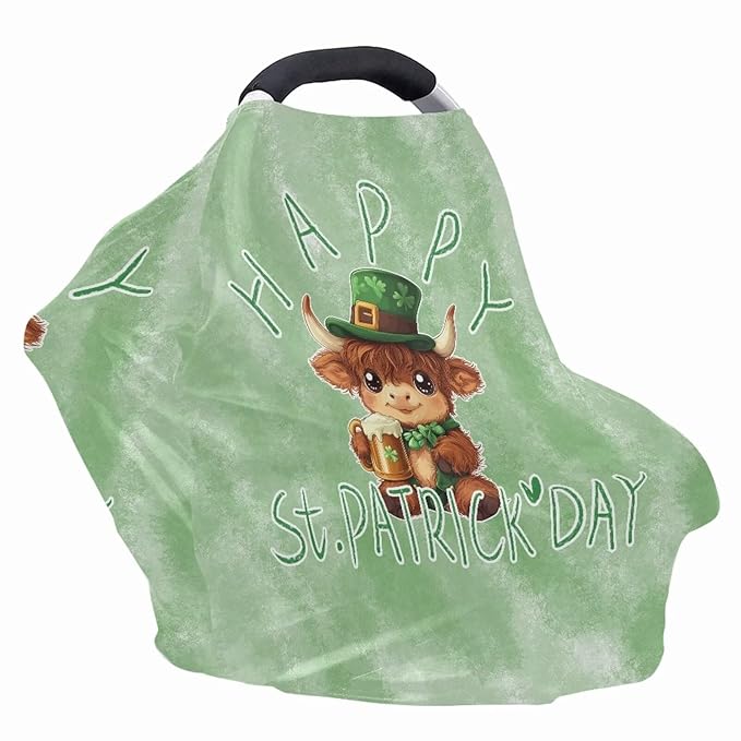 Wanyint Stretchy Baby Car Seat Cover Carseat Canopy for Babies Universal Baby Breastfeeding Stroller High Chair Shopping Cart Cover for Saint Patrick's Day Decor, Highland Cow Beer Green