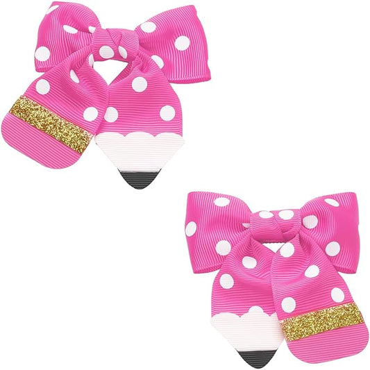 YKW Pink Polka Dot Pencil Hair Bow Clip for Girls - Cute School Themed Grosgrain Ribbon Accessory with Secure Metal Fastener - First Day Teacher Gift - 3.9 Inch