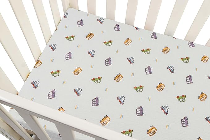 Onacosht Muslin Crib Sheets for Boys Girls, Soft Breathable 100% Cotton Baby Fitted Sheet 52" x 28" for Standard Toddler Crib Mattress, 2 Pack, Car and Solid Blue