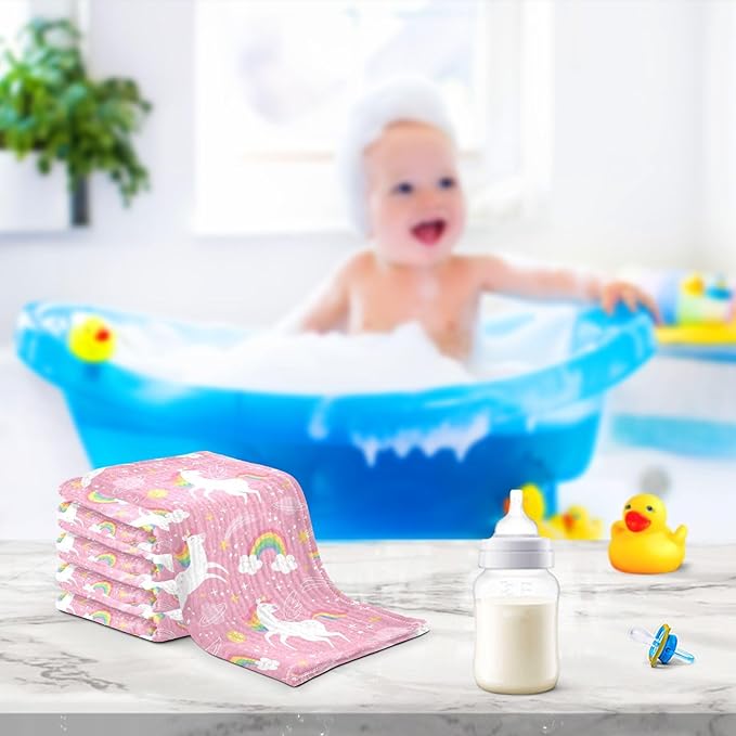 vvfelixl White Unicorn Rainbow Star Baby Burp Cloths Baby Muslin Washcloths for Boys Girls Cotton Baby Face Towel for Newborn Infants Soft and Absorbent 11.8 X 11.8 in, 5 Pack