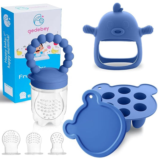 6-in-1 Baby Fruit Feeder Pacifier & Baby Food Feeder Set – Silicone Breastmilk Popsicle Mold with Freezer Tray, Teething Relief Toy, BPA Free Infant Feeder, 3 Sizes (S/M/L) Sacs (Steel Blue)