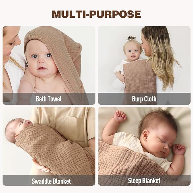 Cinaci 1pc Soft & Absorbent 100% Muslin Cotton Baby Hooded Bath Towel for Baby Girls Boys Newborns Infants Toddlers Kids (Brown)