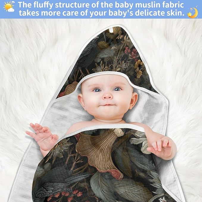 Watercolor Mushrooms Hooded Baby Towel Vintage Herbs Baby Bath Towel Unisex Soft Organic Cotton Washcloths Toddlers Shower Gifts for Boys Girls Newborn 30 x 30 in