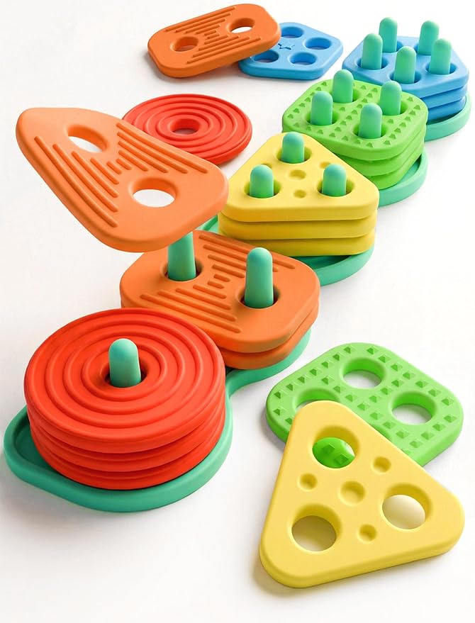 Montessori Learning Toddler Toys 1 2 3: Soft Silicone Shape Color Sorting Stacking Toy for 1-3 Year Old Boy Girl Gifts