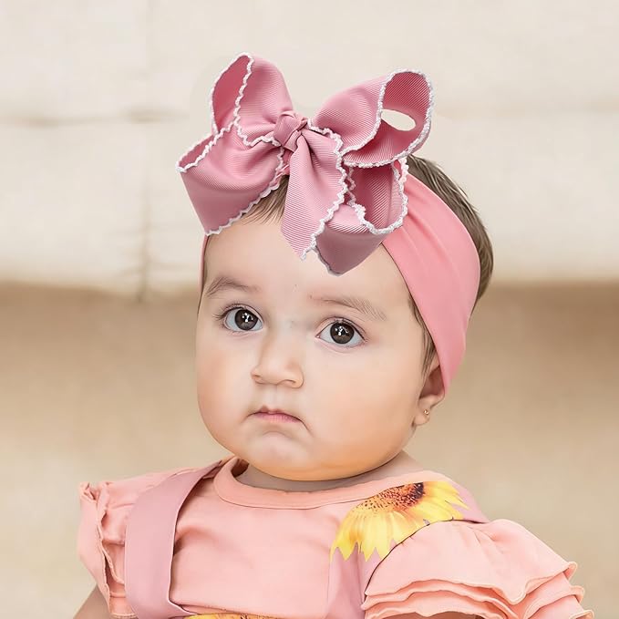 6'' Jumbo Blush Pink Baby Girls Bow Headbands, Handmade Grosgrain Moonstitch Boutique Baby Headwraps, Super Stretchy Soft Nylon Headbands for Newborns, Infants & Toddlers