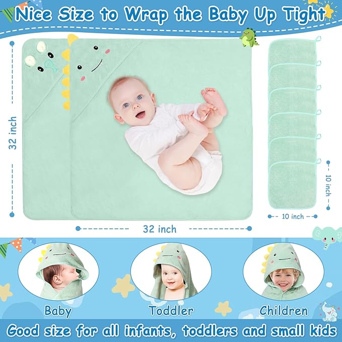 Sublaga 8 Pcs Baby Towel and Washcloths Set, Soft Baby Towels, 2 Pcs 32x32 in Cute Baby Towel with Hood and 6 Pcs Baby Washcloths for Infants, Toddlers and Kids (Green Elephant & Dinosaur)