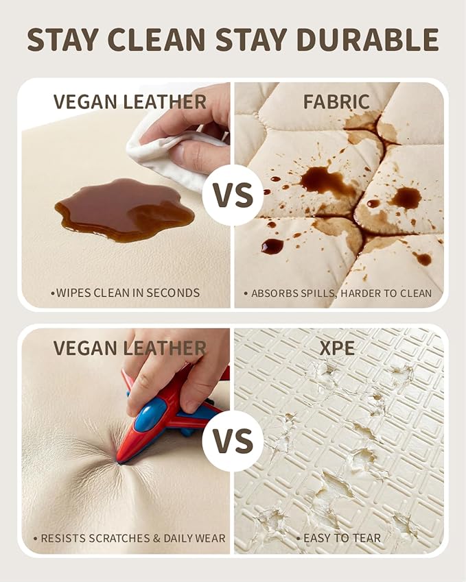 Joypony Baby Play Mat for Floor 47x47, 1.5” Thick Vegan Leather Crawling Mat with Removable Cover, Waterproof Playpen Mat for Infants and Toddlers, Wipe-Clean Kids Playmat, Cream