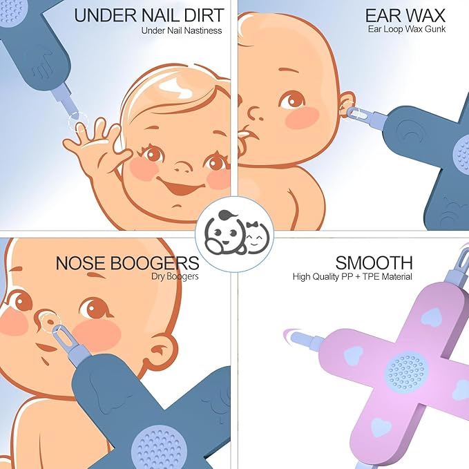 Royal Angels 4-in-1 Nose, Nail & Ear Wax Picker, Safely Clean Baby Ear Wax, Baby Booger & Nail Tips (2 Pcs in Box) (Blue Pink)