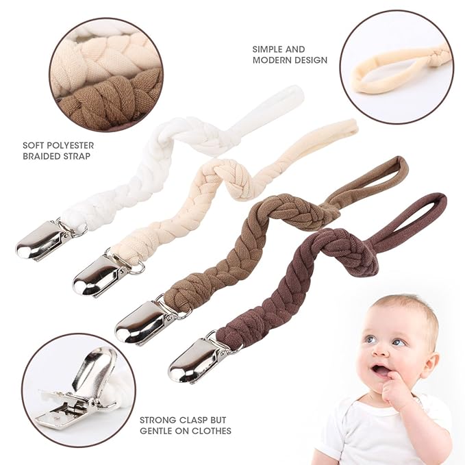 Pacifier Clips for Boys and Girls, Holder Leash by Hand-Made Braided 4 Pack, Color E
