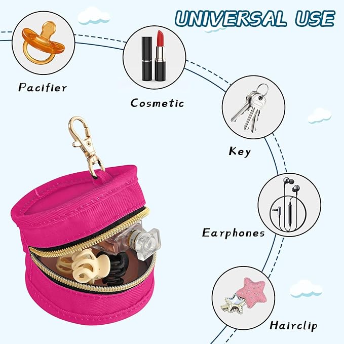 Hot Pink Pacifier Holder with Clip Pacifier Case for Diaper Bag Round Baby Pacifier Pouch Box Bag Portable