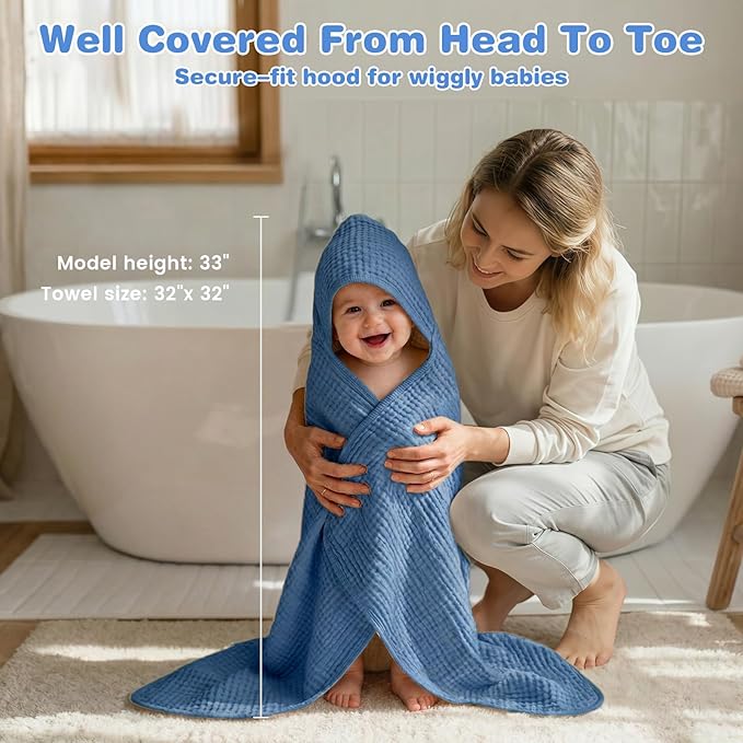 Hooded Baby Bath Towels for Newborn, 2 Pack - 6-Layer 100% Muslin Cotton, Soft Absorbent Baby Towels with Hood for Babies, Infants & Toddlers, Large 32x32 Inch Unisex Newborn Baby Bath Essentials