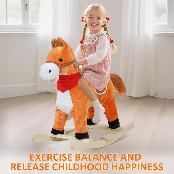 Rocking Horse for Toddlers Ages 1-6, Plush Ride On Toy with Sounds Moving Mouth & Wagging Tail, Interactive Wooden Rocker for Kids, Baby Rocking Chair Toys up to 120kg (Light Brown Small)