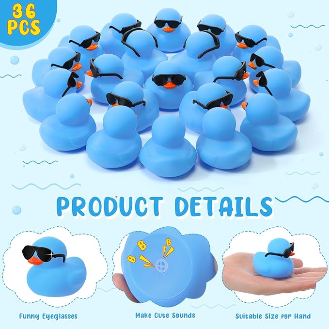Sosation 36 Packs Mini Rubber Ducks with Sunglasses Sets 2.2 Inch Bath Squeaky Rubber Duckies Cute Float Bathtub Toys for Birthday Party Favors Class Carnival Prizes Car Decor(Blue)