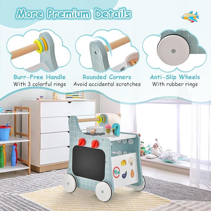 HONEY JOY Baby Push Walker, 6-in-1 Wooden Play Kitchen Walker Activity Center w/Shape Sorter & Blackboard, Develop Motor Skills, Push Toys for Babies Learning to Walk, Gift for Boys and Girls (Blue)