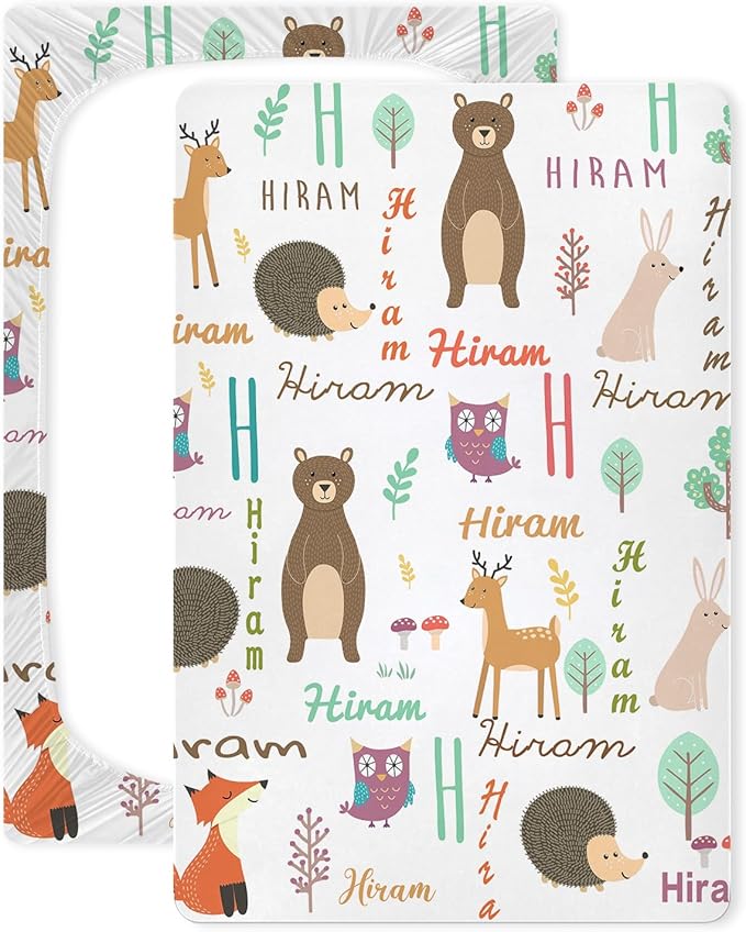 Personalized Name Mini Crib Sheet for Baby Girls Boys - Customized Monogram Pack and Play Sheets, Multiuse Sheet for Pack & Play, Playard, Playpen, Mini Crib Mattress - Cute Animal