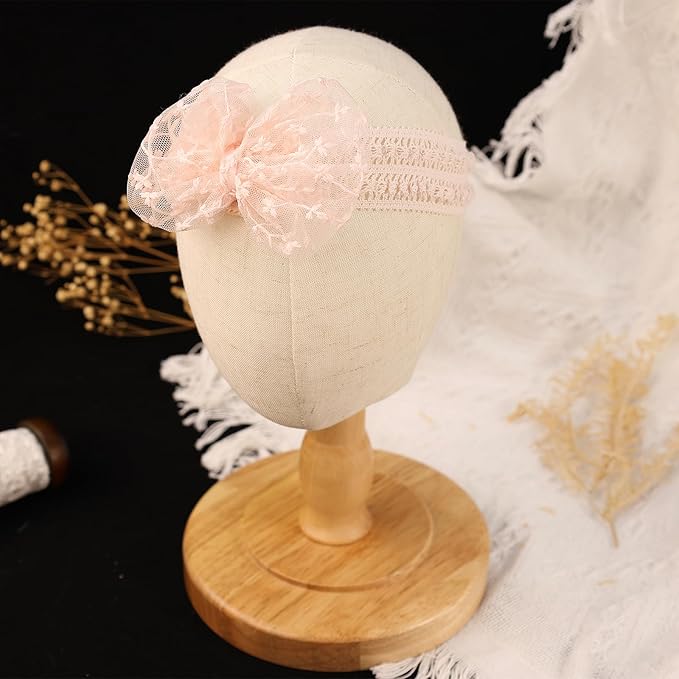 Lace White Bow-knot Baby Girls Headband Birthday Shower Infant Wrap Elastic Flower Baby Turban Hairband for Newborn Infant Toddler Kids (Pink B, Elastic)
