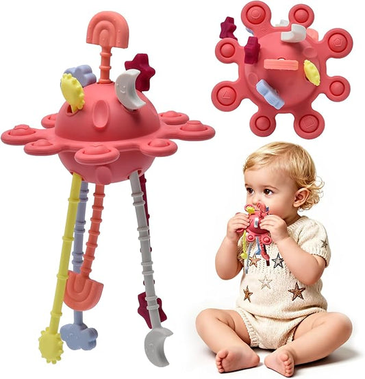 Little Rawr Silicone Baby Sensory Montessori Toys & Pull String Toys for 18 M+, Toddler Birthday Gift Car Seat Airplane Travel Toy for 1 2 Year Old Boy Girl Infant 18+ Months Old (Red)