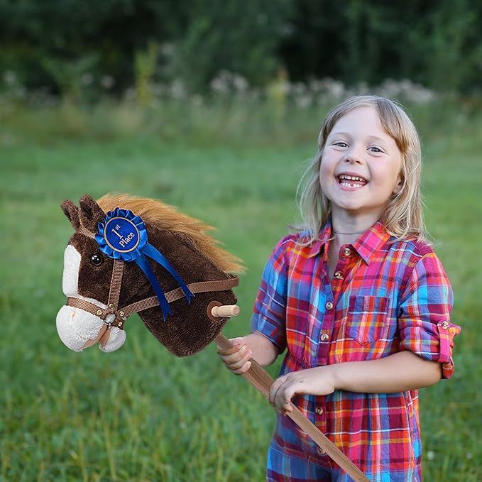 HollyHOME Stick Horse Plush with Detachable Blue Ribbon Champion Hobby Horse on Stick with Wood Wheels Real Pony Neighing for Kids Toddlers Chocolate 36 Inches(AA Batteries Required)