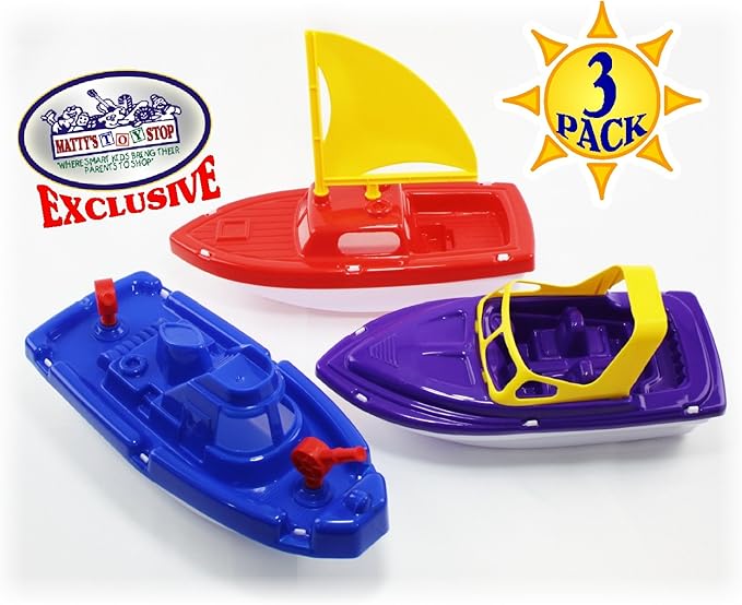 Matty's Toy Stop Plastic Boats Set Sailboat (Red), Speedboat (Purple) & Fireboat (Blue) Gift Set Bundle, Perfect Bath, Pool, Beach Etc. - 3 Pack