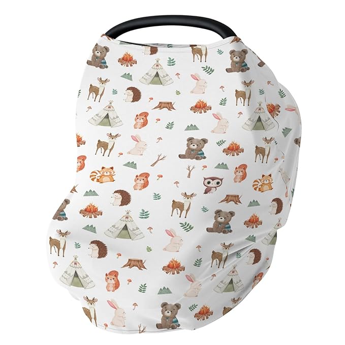 Camping Animals Car Seat Cover for Baby Bear Deer Raccoon Squirrel Bunny Hedgehog Owl Stretchy 5-in-1 Cover Adjustable Car Canopy Breastfeeding Cover Wildlife Breathable Nursing Cover-Up
