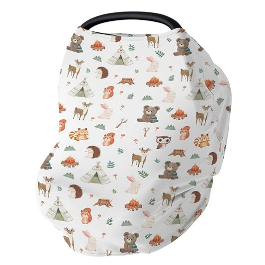 Camping Animals Car Seat Cover for Baby Bear Deer Raccoon Squirrel Bunny Hedgehog Owl Stretchy 5-in-1 Cover Adjustable Car Canopy Breastfeeding Cover Wildlife Breathable Nursing Cover-Up