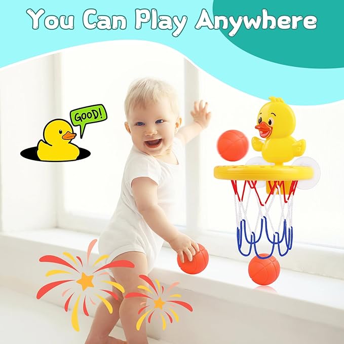 Bath Toys, Bathtub Basketball Hoop for Toddler Kids, 3 Soft No Hole Balls & Bath Basketball Hoop with Strong Suction Cup, Yellow Duck Baby Shower Bath Toys Set for Boys and Girls