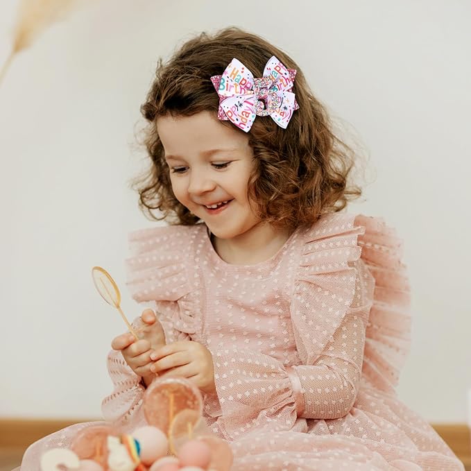 4" Glitter Happy Birthday Hair Bow Clips for Girls Ages 1-6, Pink Ribbon Cheer Bow Barrettes Alligator Hairpins, Confetti Ice Cream Party Dress Accessories, Her 5th Birthday Gift